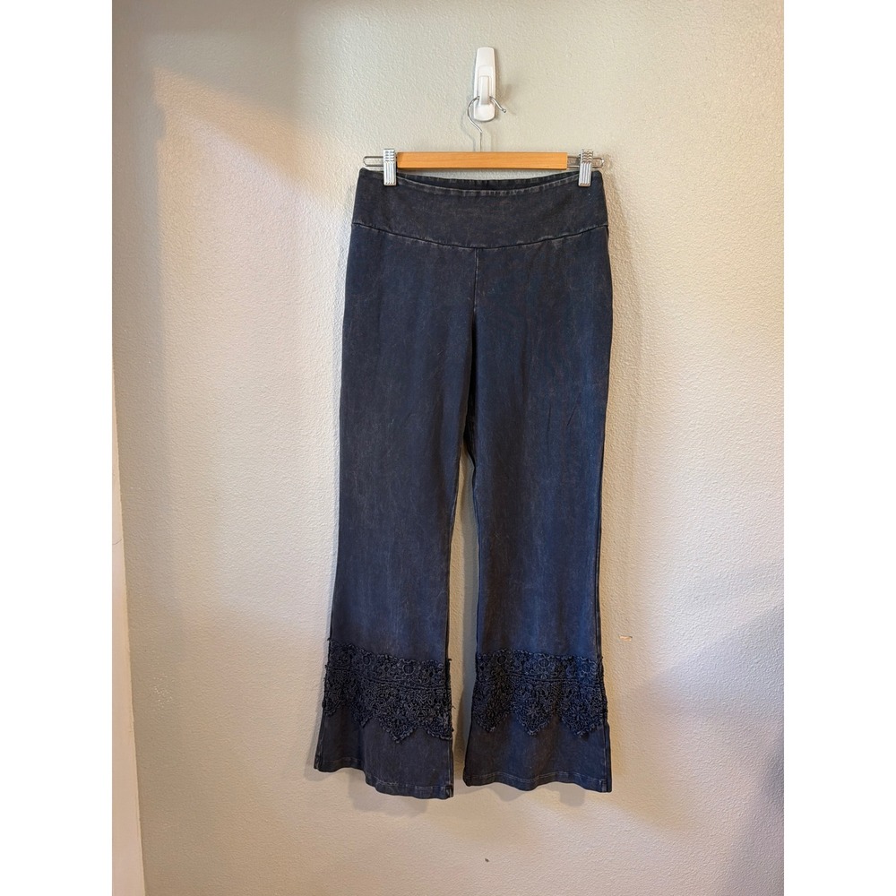 Chatoyant Flare Pants Women Large Charcoal Mineral Wash Crochet Lace Trim Boho